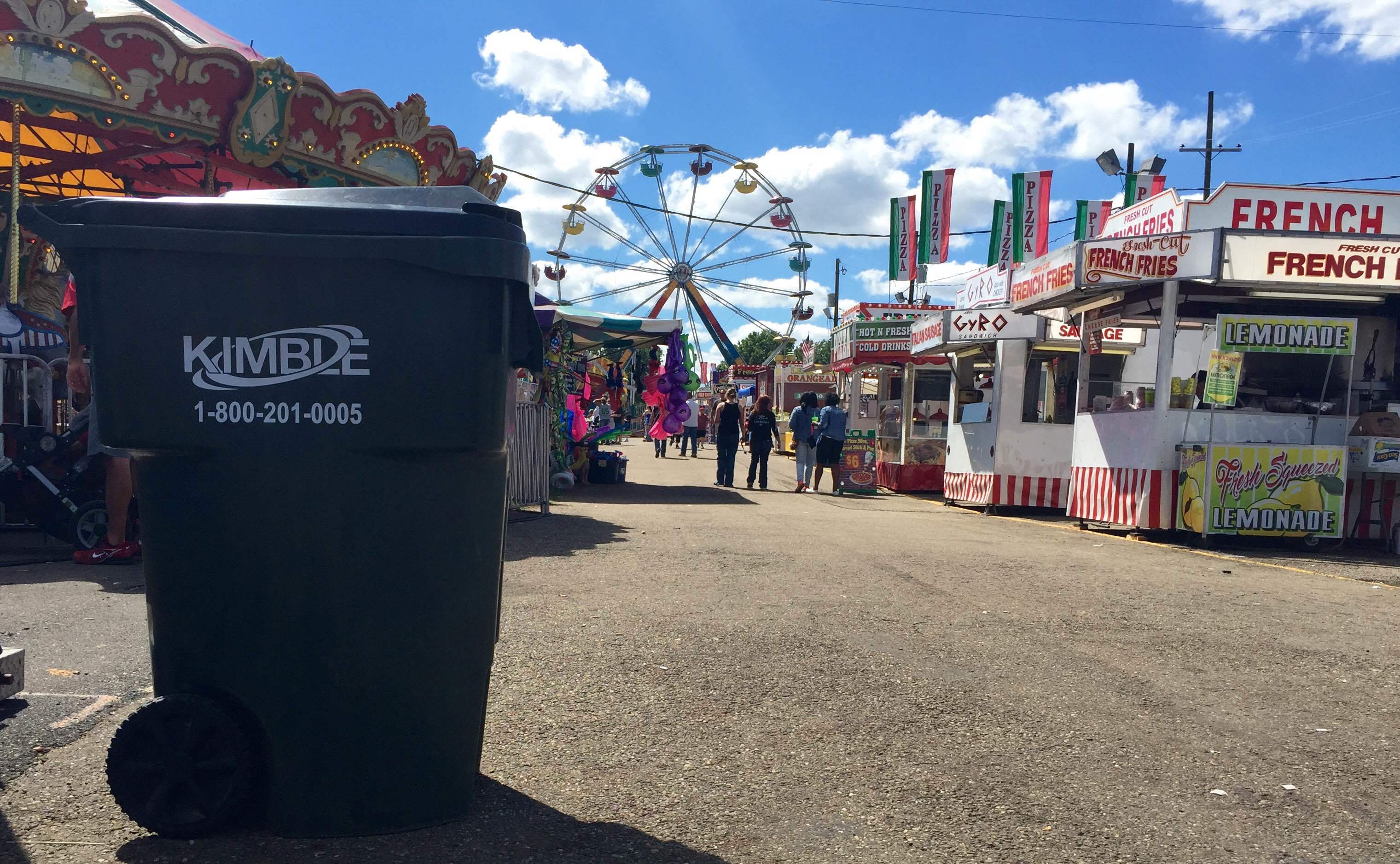 Kimble trash and recycling can at fairgrounds