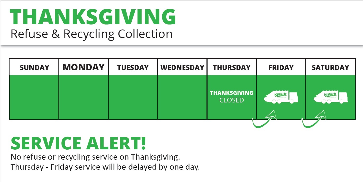 Kimble's Thanksgiving refuse and recycling collection calendar