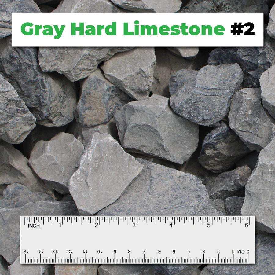 Gray Hard Limestone #2 crushed aggregate shown with a ruler for scale – Kimble Company, Dover OH