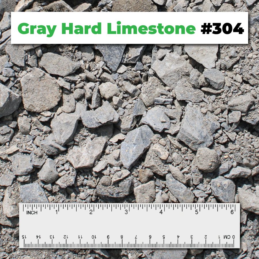 Gray Hard Limestone #304 crushed aggregate shown with a ruler for scale – Kimble Company, Dover OH