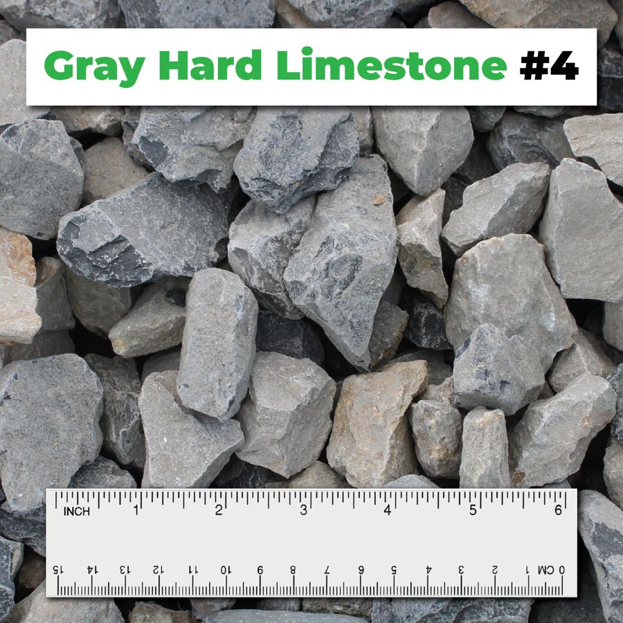 Gray Hard Limestone #4 crushed aggregate shown with a ruler for scale – Kimble Company, Dover OH