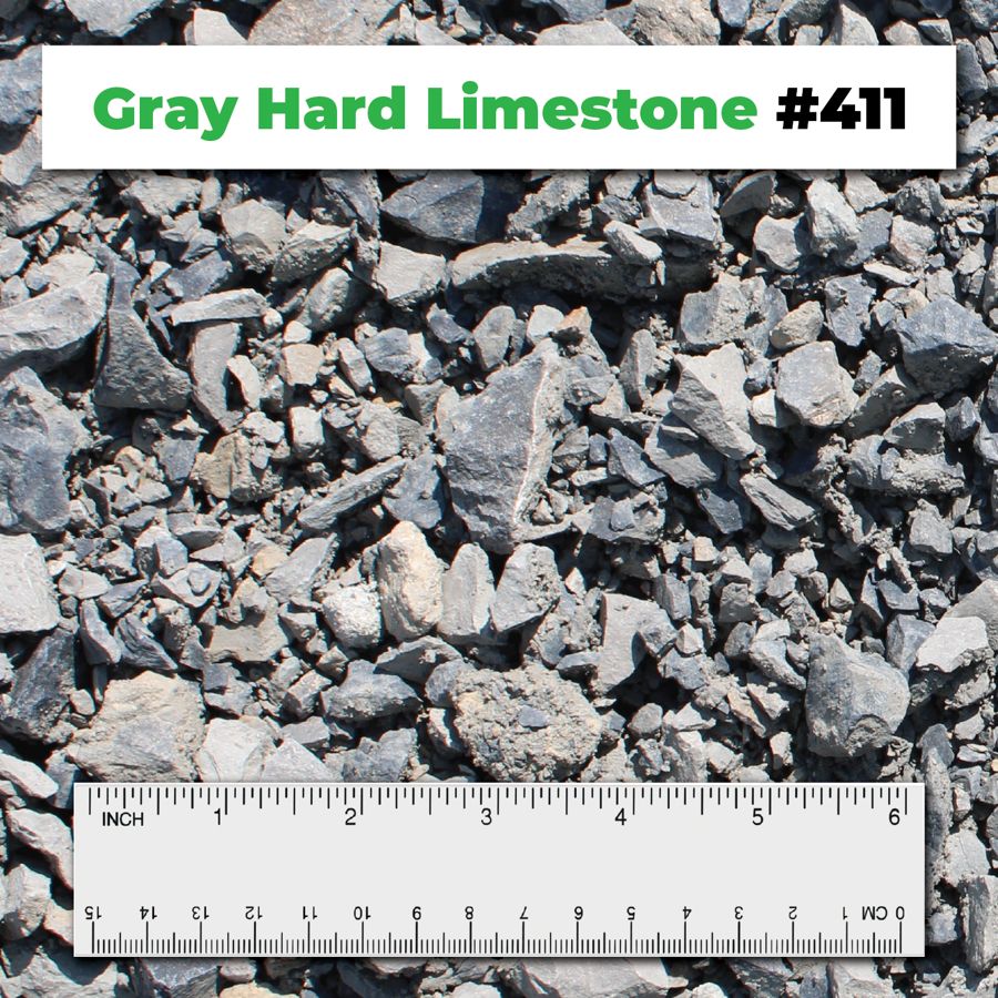 Gray Hard Limestone #411 crushed aggregate shown with a ruler for scale – Kimble Company, Dover OH