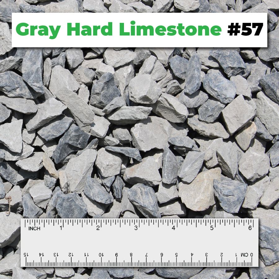 Gray Hard Limestone #57 crushed aggregate shown with a ruler for scale – Kimble Company, Dover OH