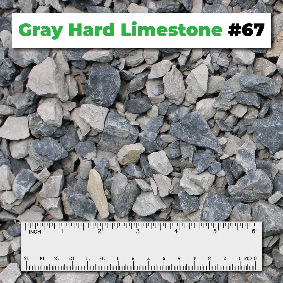 Gray Hard Limestone #67 crushed aggregate shown with a ruler for scale – Kimble Company, Dover OH