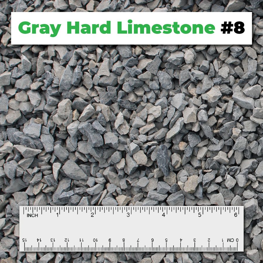 Gray Hard Limestone #8 crushed aggregate shown with a ruler for scale – Kimble Company, Dover OH
