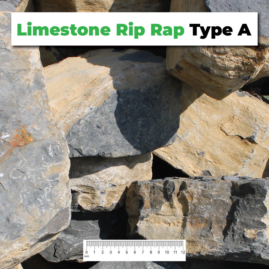 Limestone Rip Rap Type A crushed aggregate shown with a ruler for scale – Kimble Company, Dover OH
