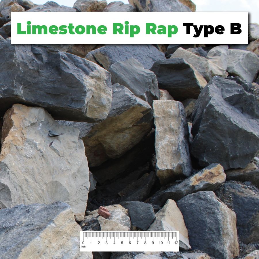 Limestone Rip Rap Type B crushed aggregate shown with a ruler for scale – Kimble Company, Dover OH