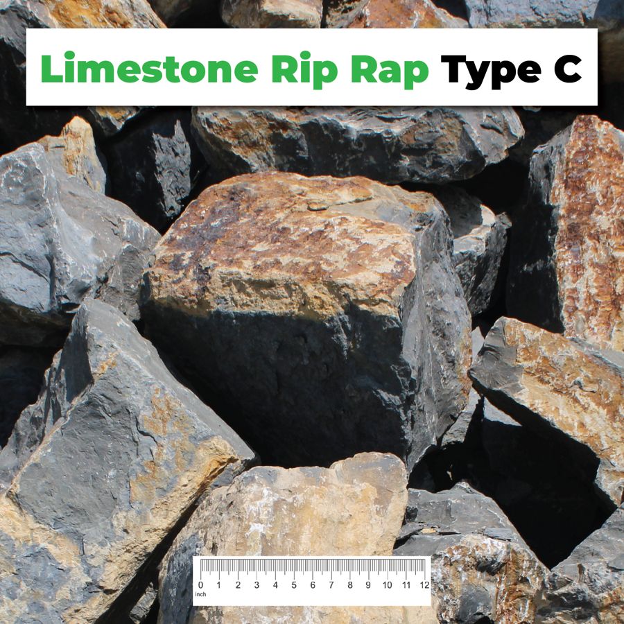 Limestone Rip Rap Type C crushed aggregate shown with a ruler for scale – Kimble Company, Dover OH