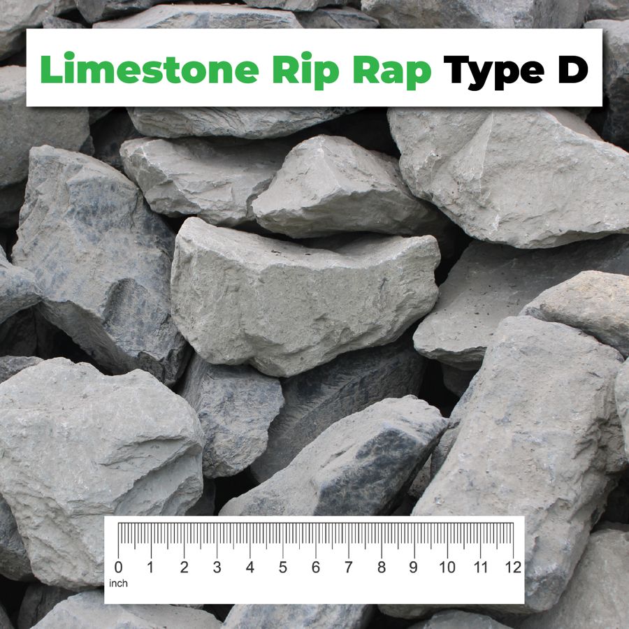 Limestone Rip Rap Type D crushed aggregate shown with a ruler for scale – Kimble Company, Dover OH