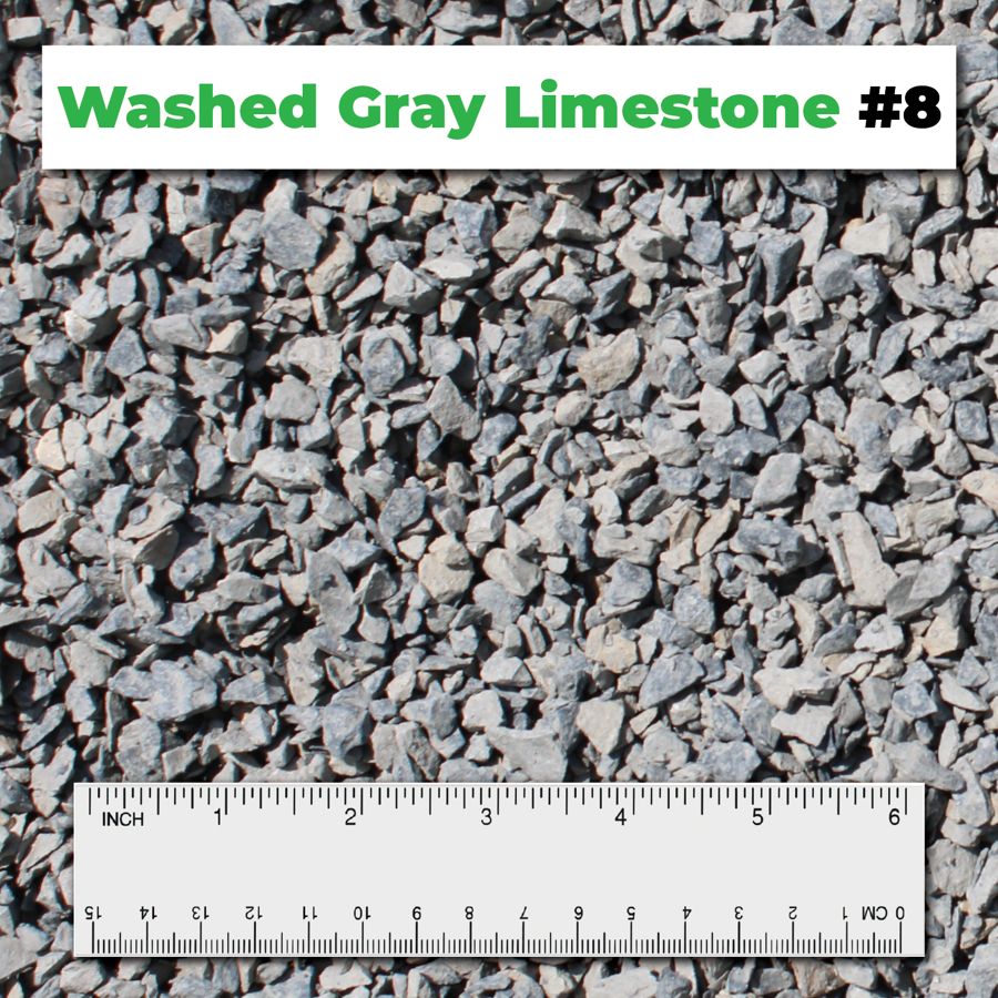 Washed Gray Limestone #8 crushed aggregate shown with a ruler for scale – Kimble Company, Dover OH