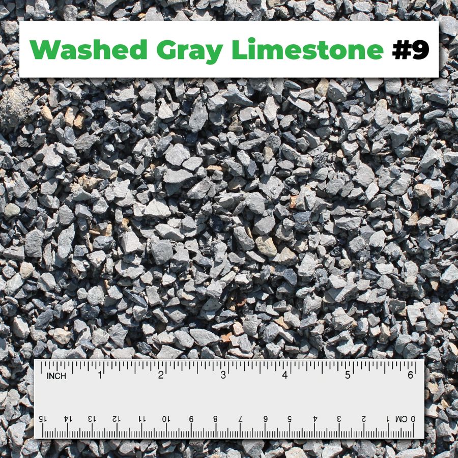 Washed Gray Limestone #9 crushed aggregate shown with a ruler for scale – Kimble Company, Dover OH