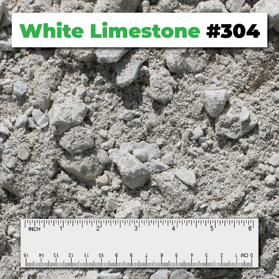White Limestone #304 crushed aggregate shown with a ruler for scale – Kimble Company, Dover OH