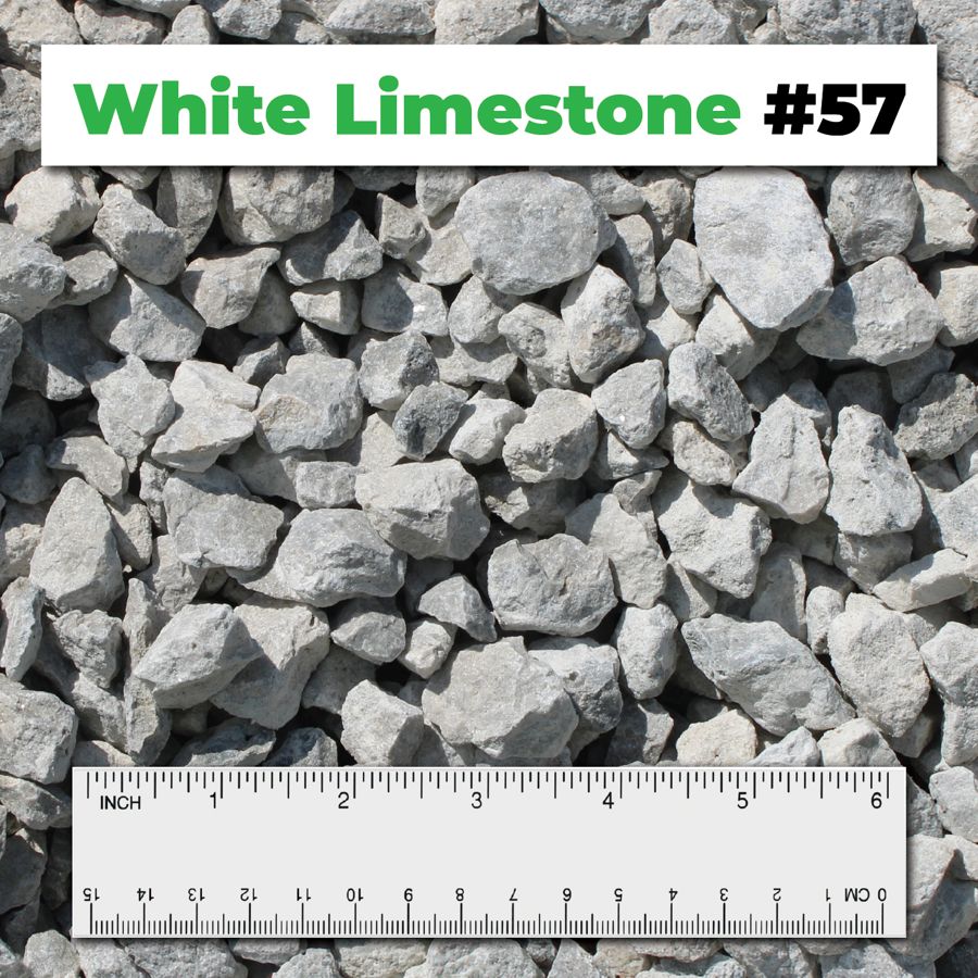White Limestone #57 crushed aggregate shown with a ruler for scale – Kimble Company, Dover OH