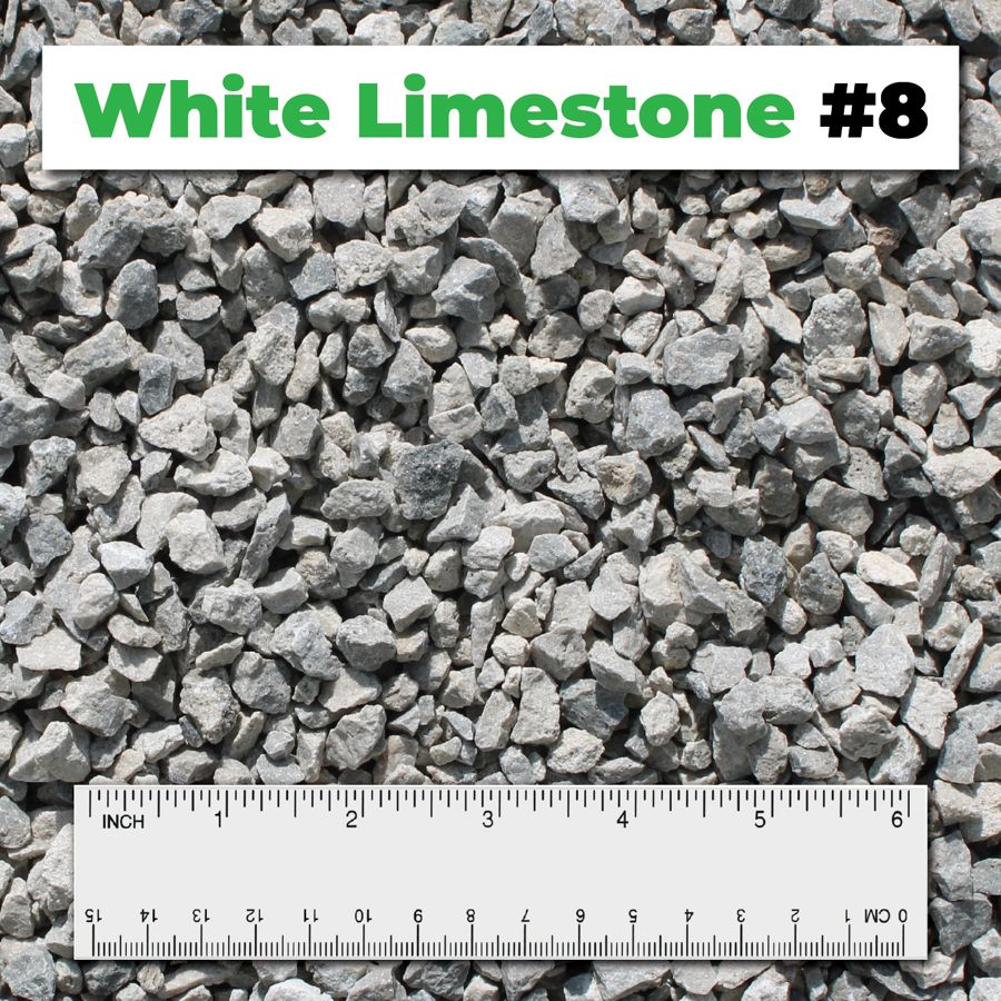 White Limestone #8 crushed aggregate shown with a ruler for scale – Kimble Company, Dover OH