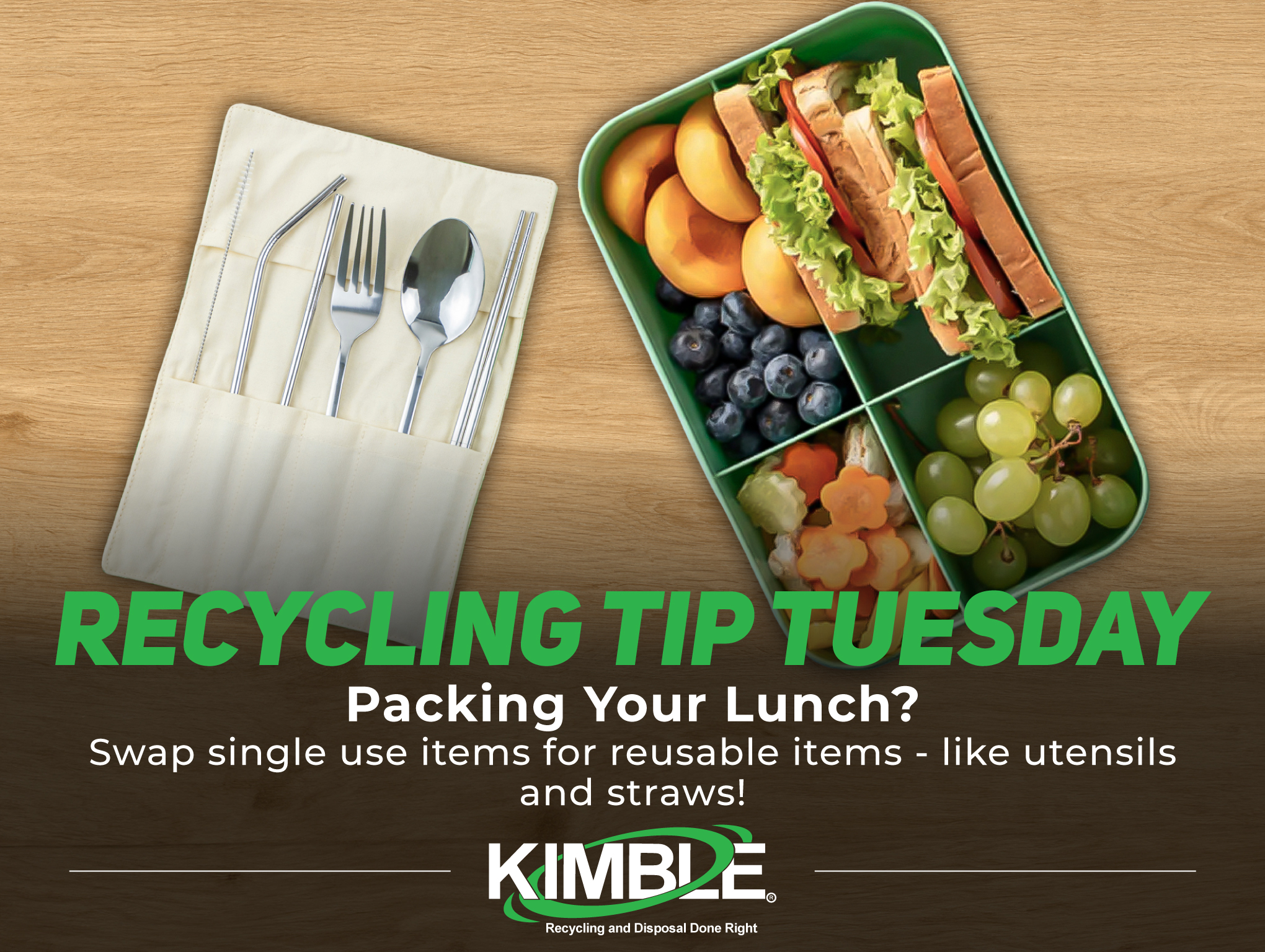 A reusable utensil set and a packed lunch with fruits and sandwiches encourage reducing single-use waste for sustainability.