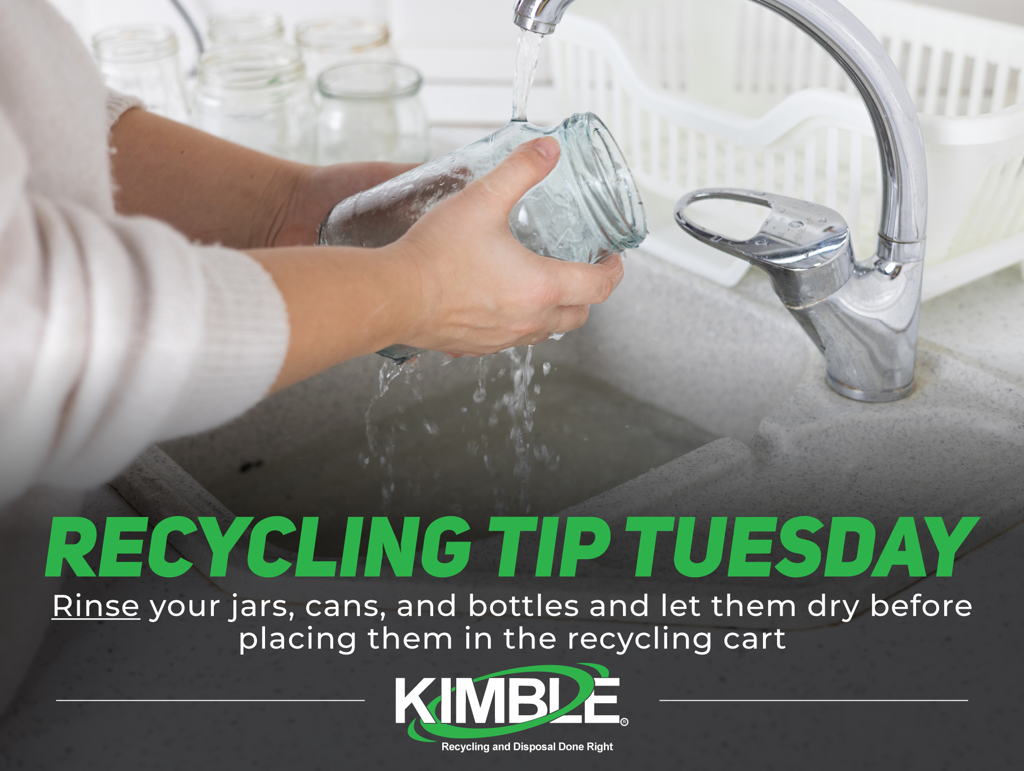 A person rinsing a glass jar under a faucet highlights the need to clean containers before placing them in the recycling bin.